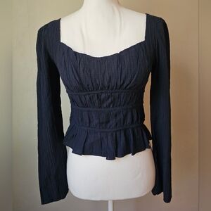 Navy Long-Sleeve Ruched Square-Neck Top